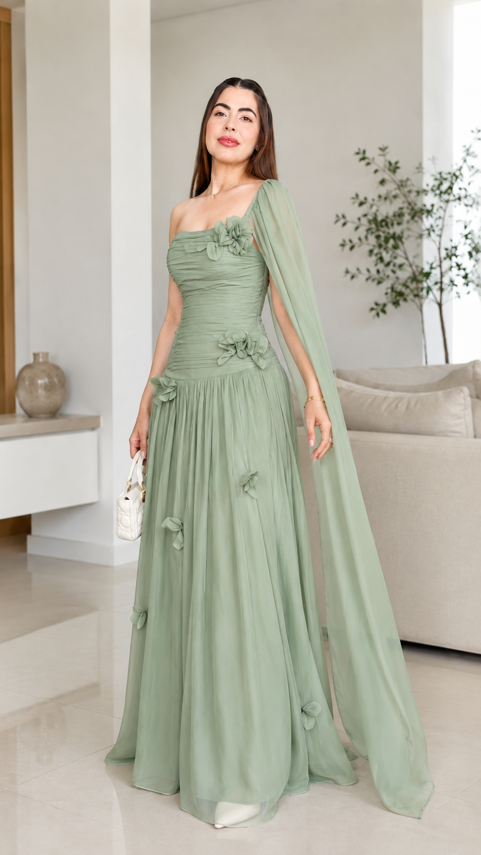 Sage green one-shoulder ruched formal dress with long draped sleeve