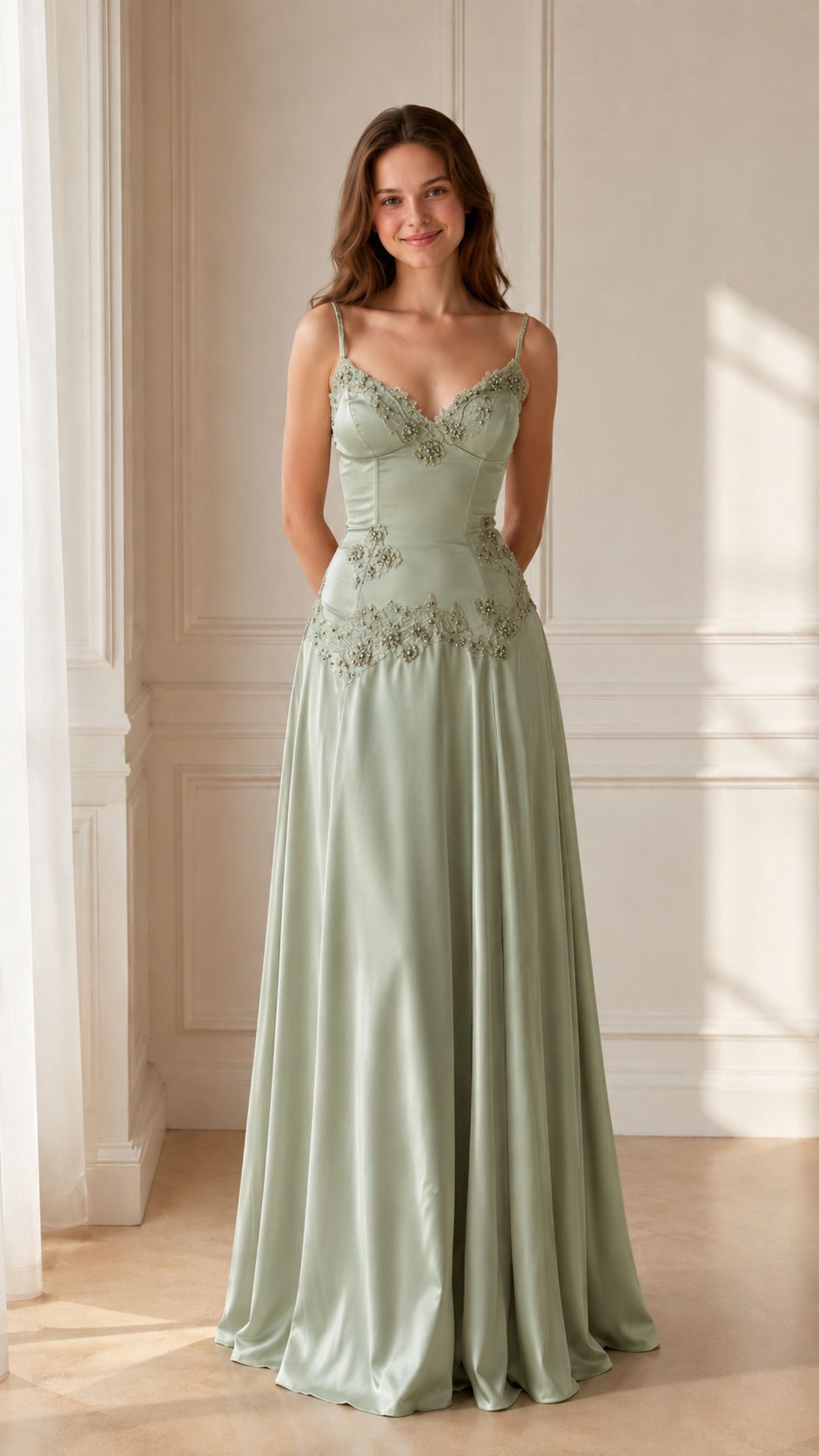 Front view of sage green embroidered satin-look evening gown