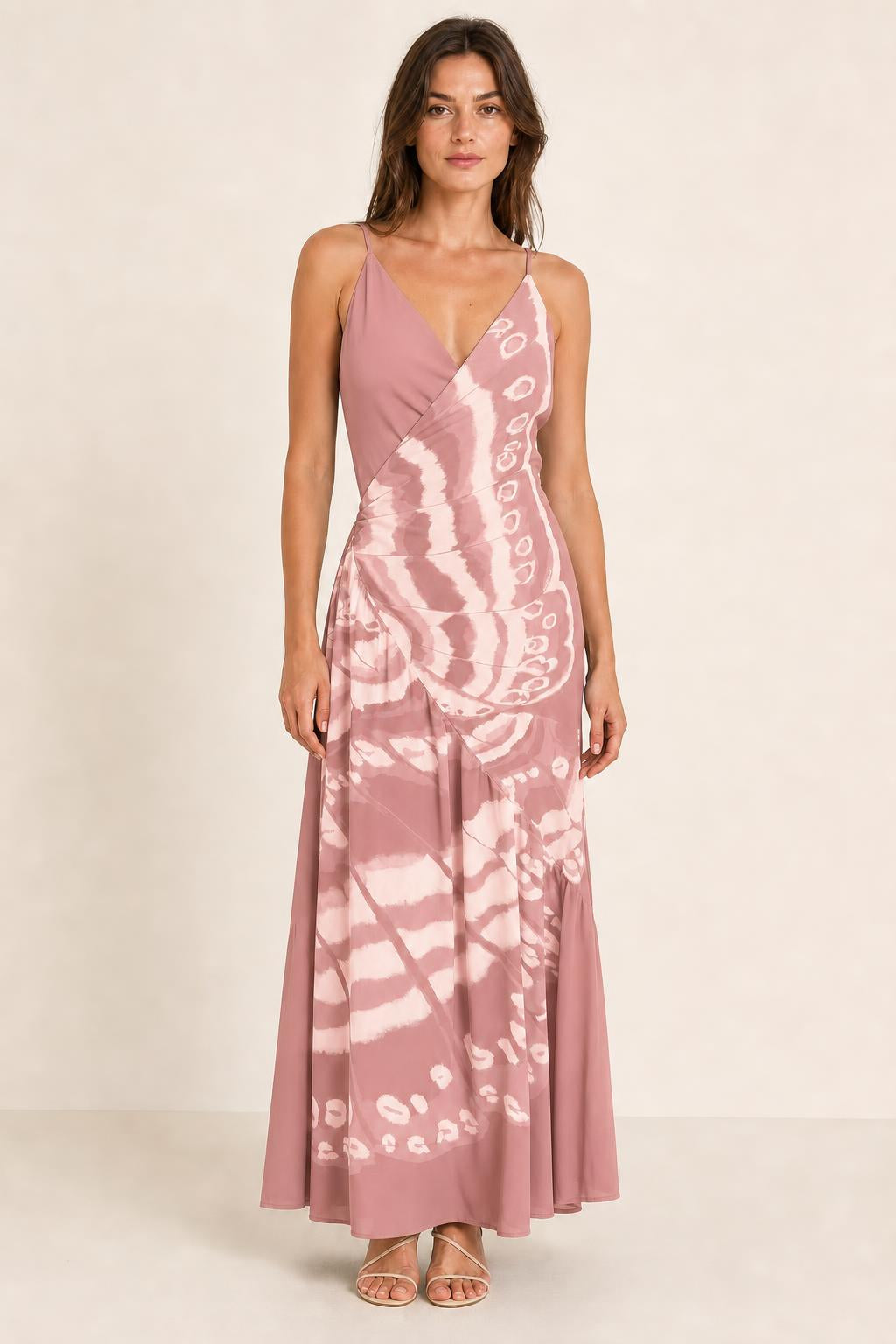 Womens mauve V-neck butterfly print maxi dress