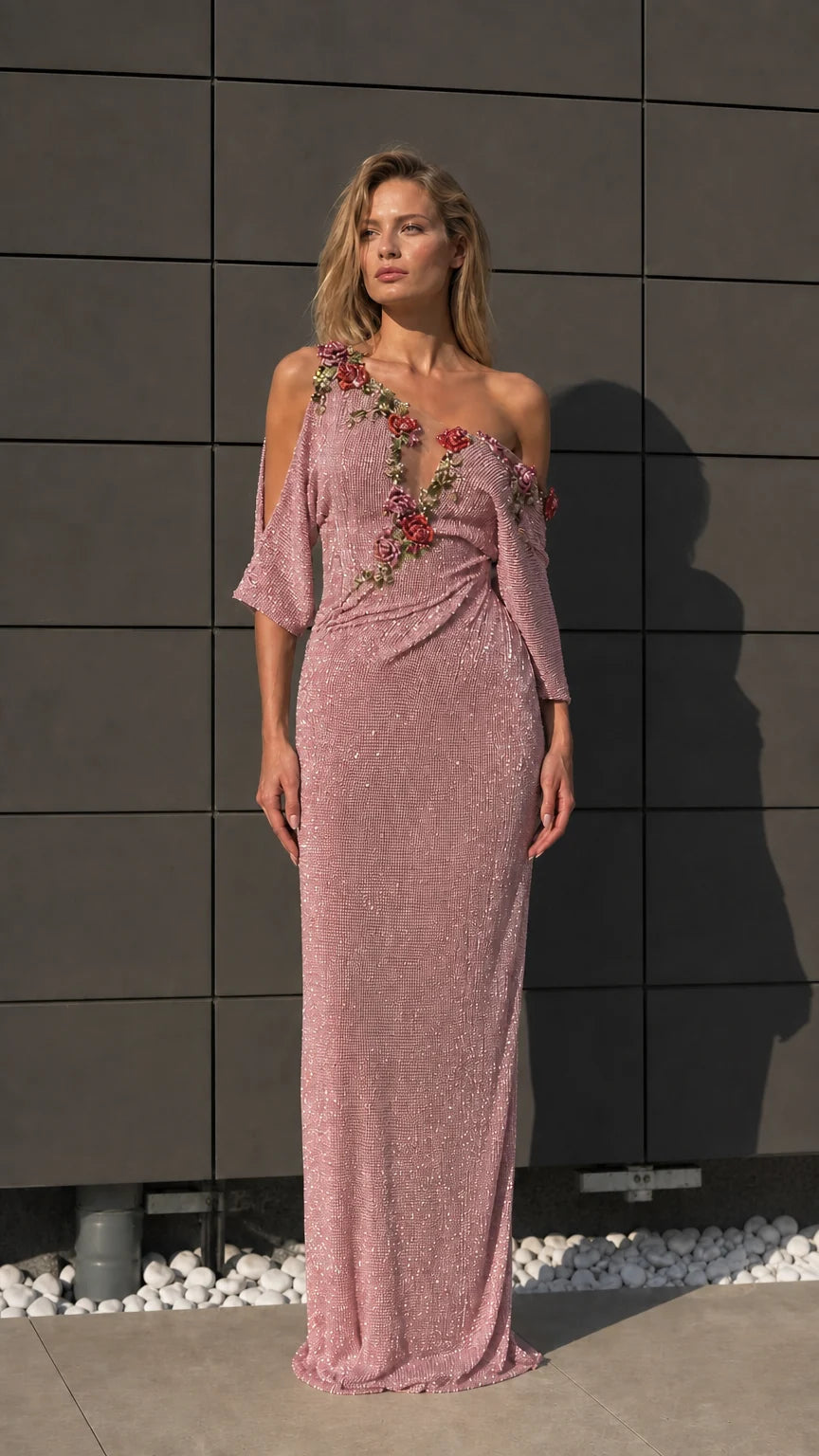 Front view of pink one-shoulder beaded evening dress