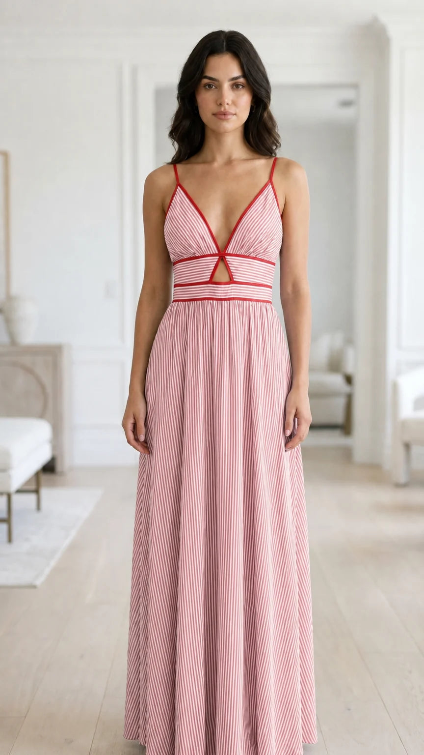 Front view of pink striped maxi dress variant