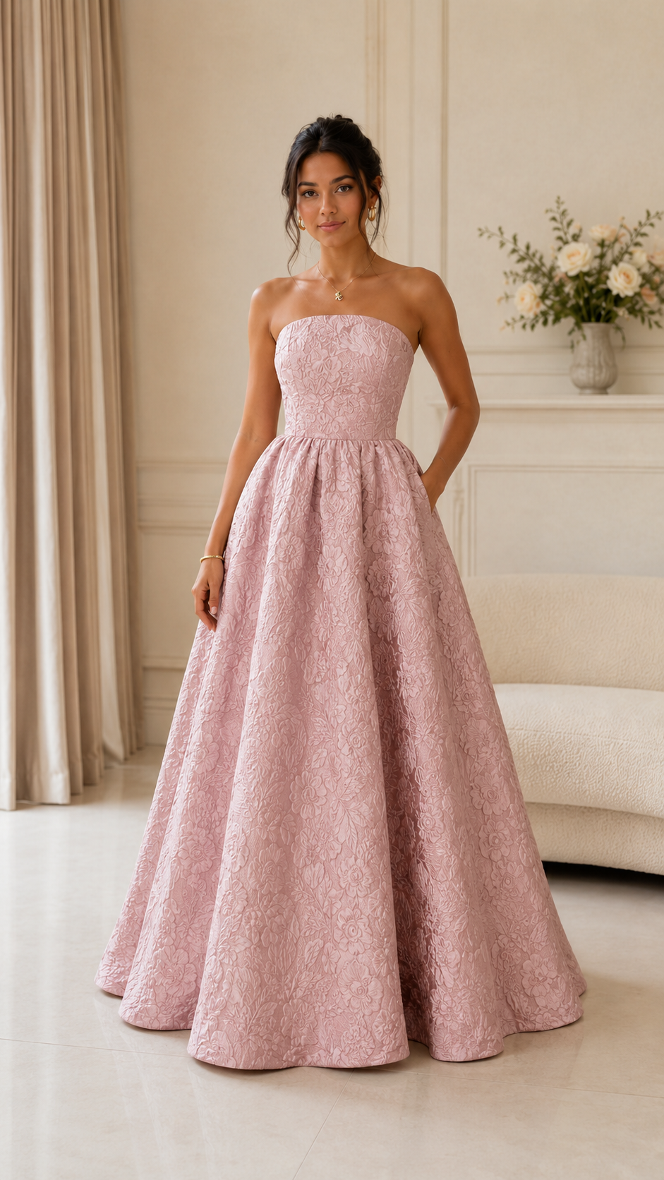 Front view of blush pink strapless jacquard ball gown dress