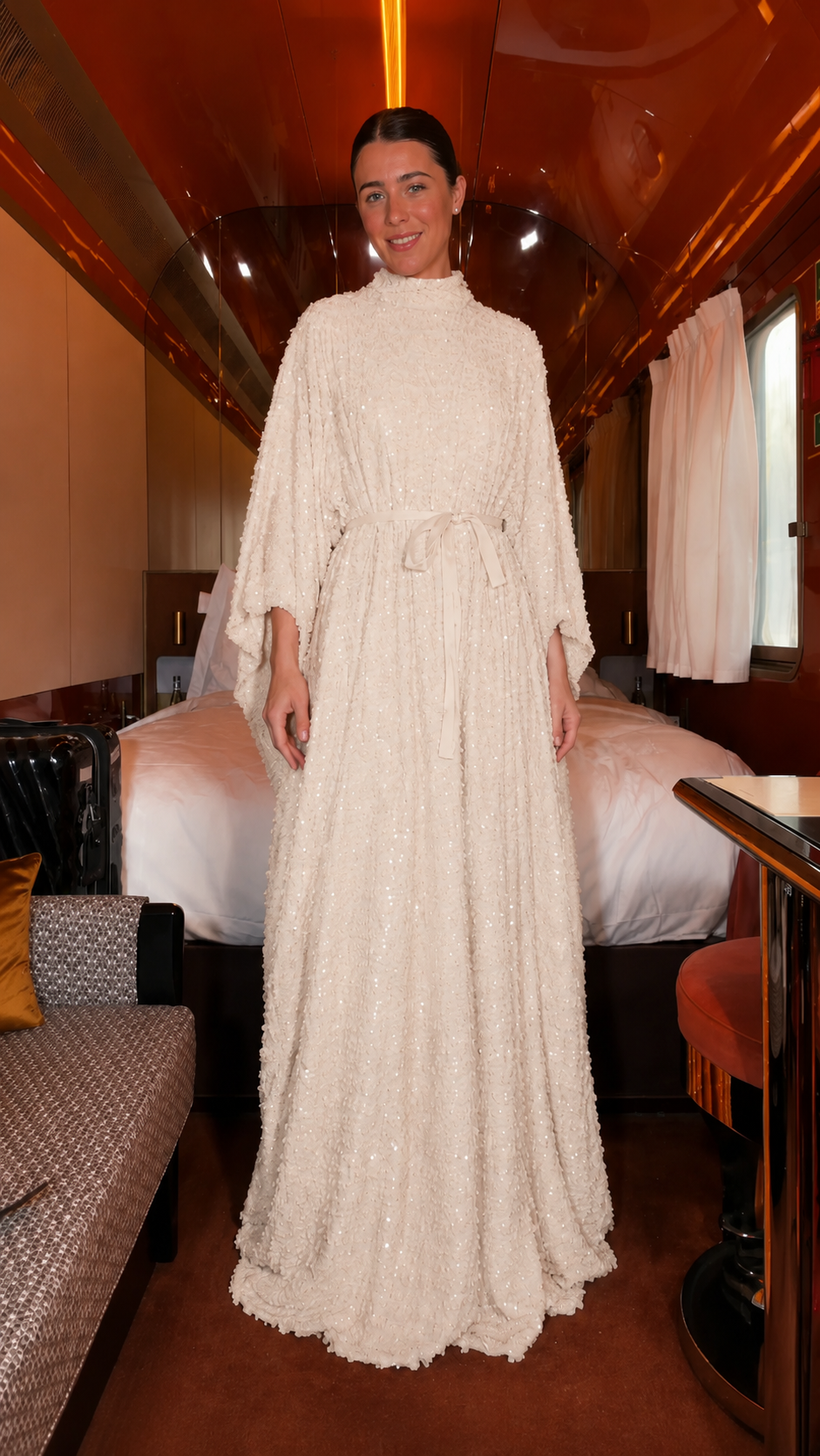 Front view of ivory high-neck textured embellished maxi caftan dress