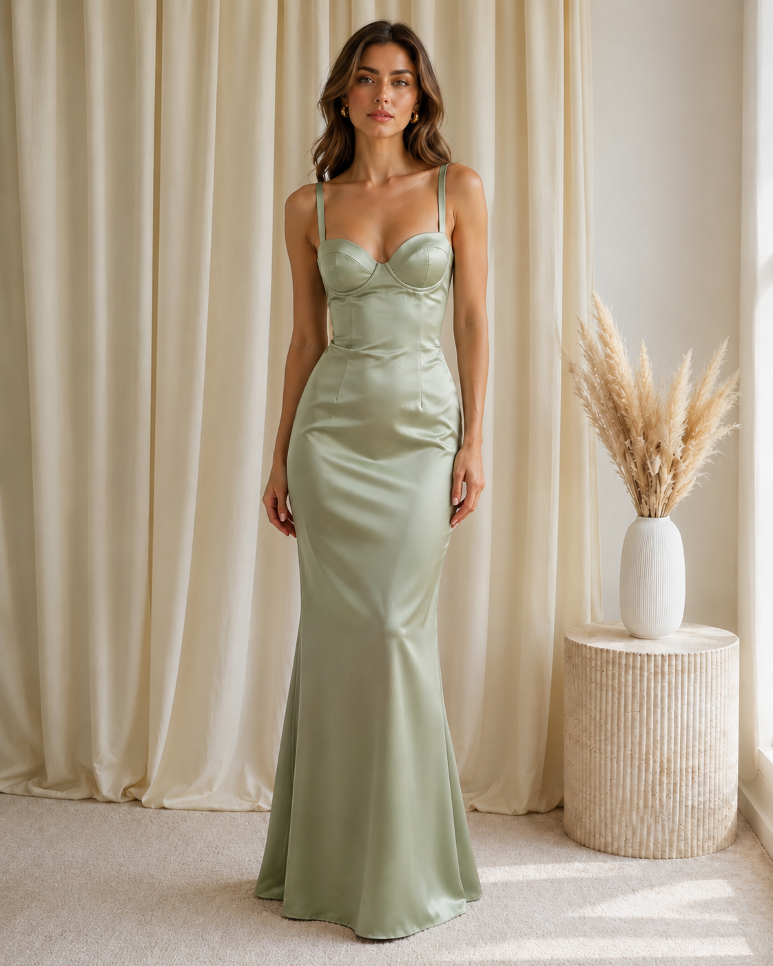 Front view of sage green satin-look mermaid maxi dress with sweetheart bust