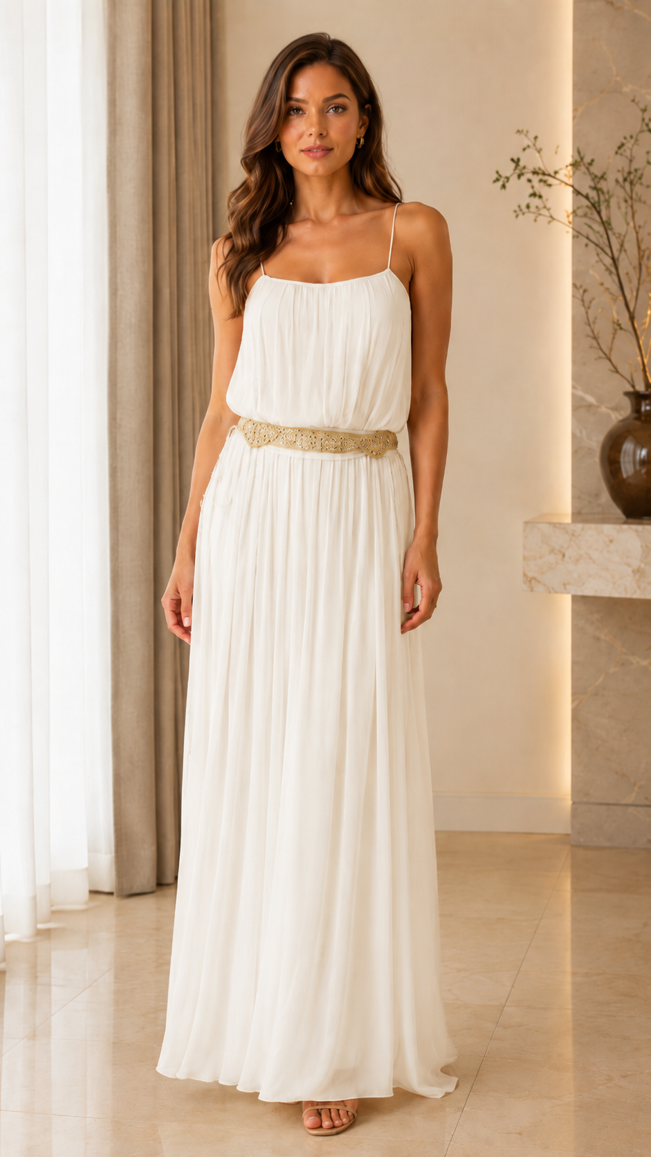 Front view of ivory pleated maxi dress with spaghetti straps and defined waist