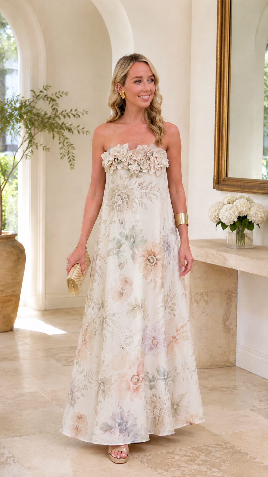 Front view of ivory floral strapless maxi dress with soft pastel print