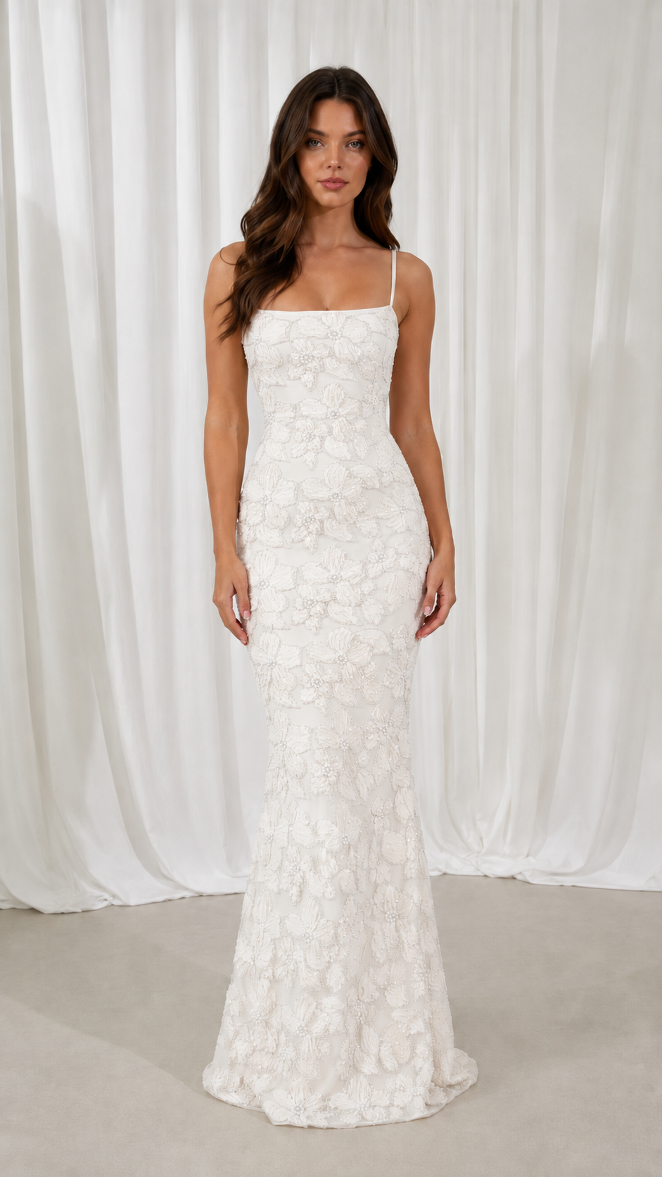 Front view of white floral lace mermaid maxi dress with square neckline