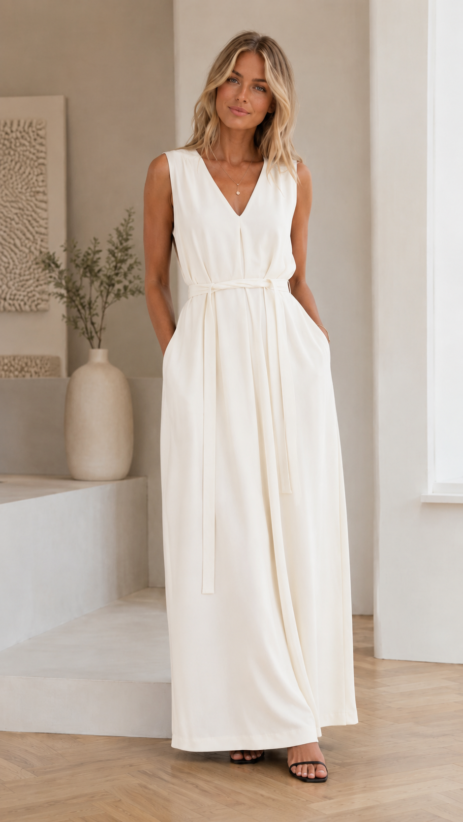 Full-length front view of ivory sleeveless V-neck maxi dress with tie waist
