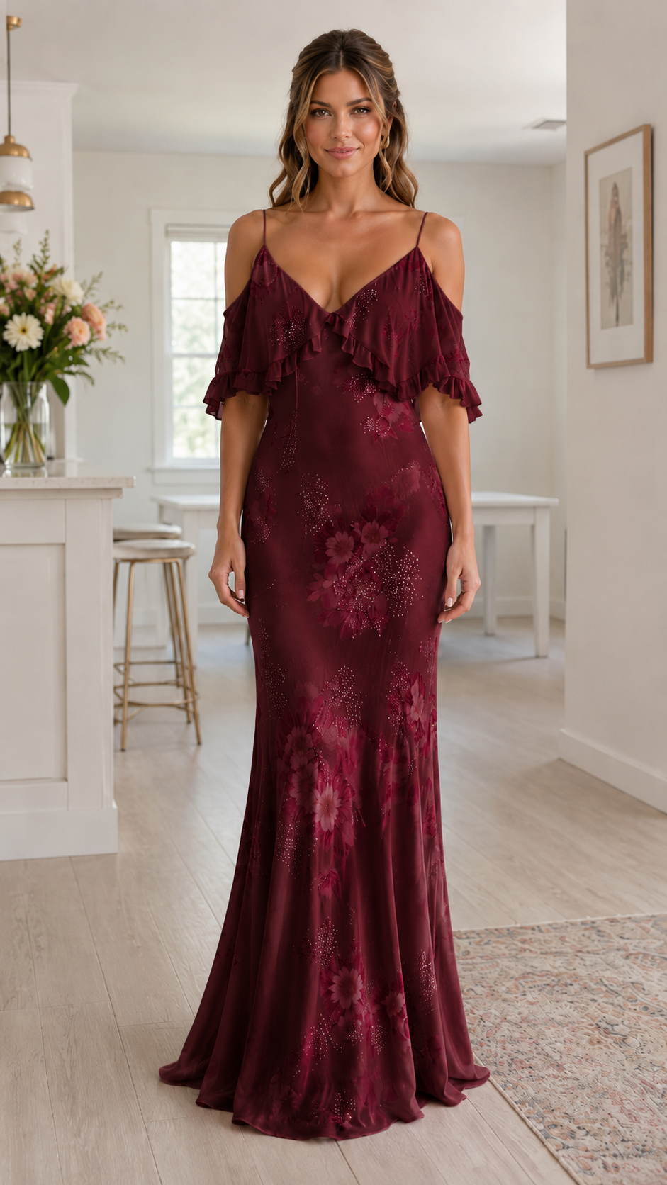 Front view of burgundy cold shoulder ruffle floral maxi dress