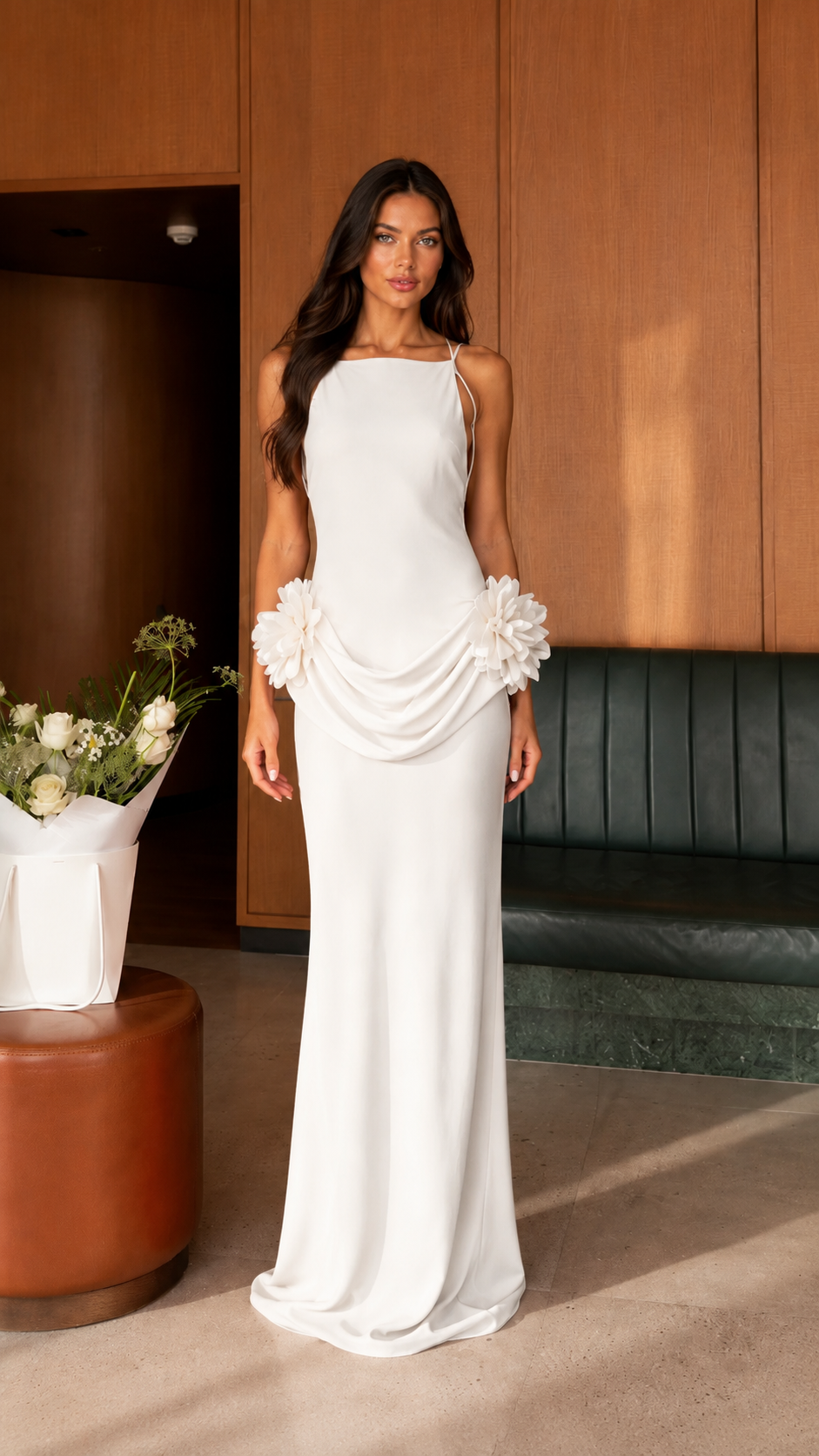 Front view of white open back draped floral detail maxi dress