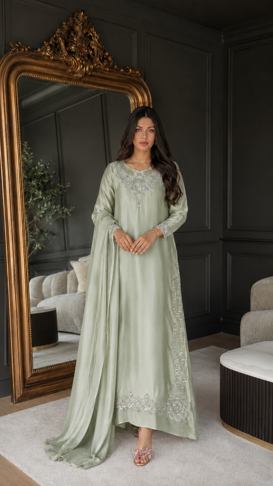 Front view of sage green embroidered maxi kaftan dress with long sleeves and matching drape