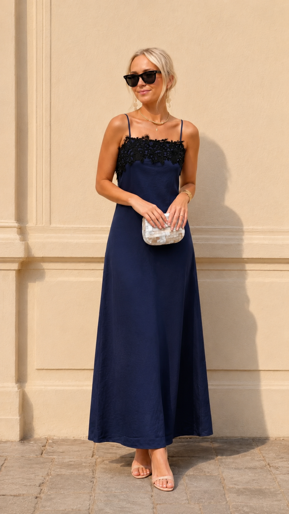 Navy satin-look maxi slip dress with black lace neckline front view