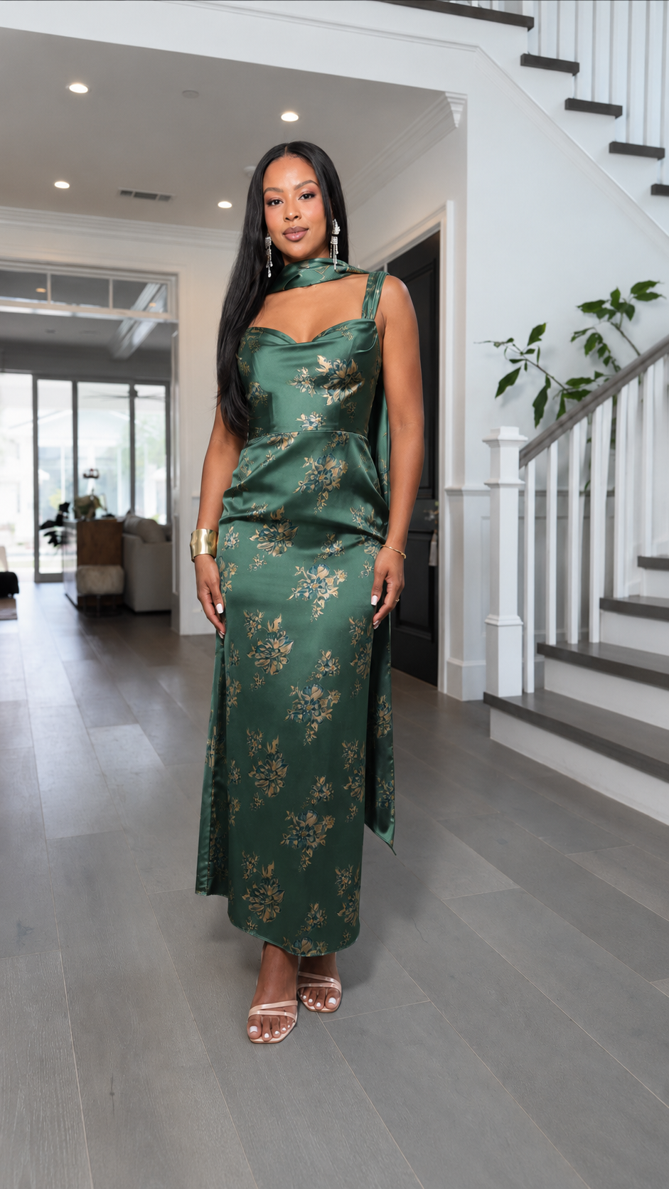 Front view of emerald satin-look jacquard scarf neck maxi dress