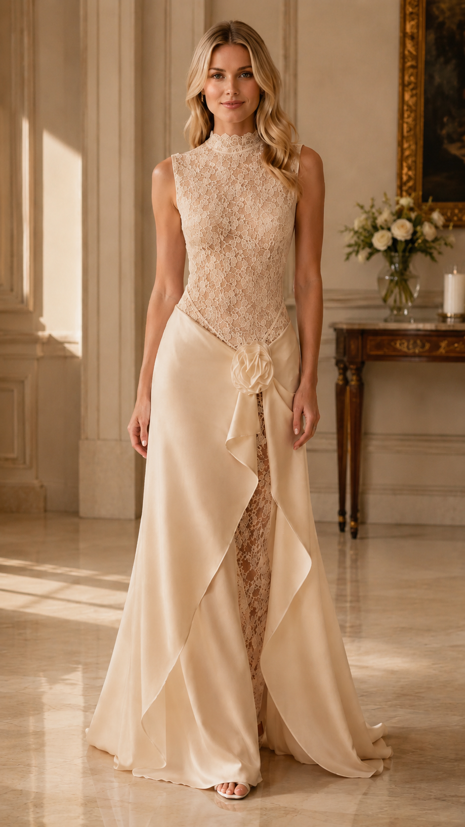 Front view of champagne sleeveless lace mock neck formal dress with cascading ruffle front