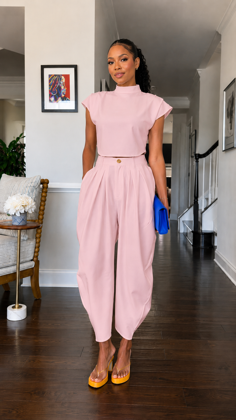 Front view of blush pink mock neck cap sleeve harem jumpsuit with soft drape