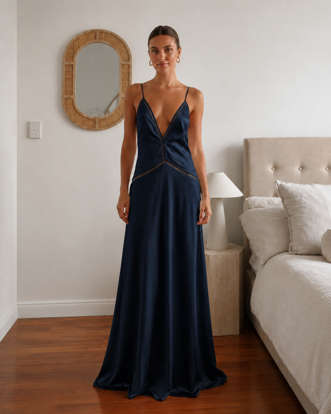 Navy satin-style plunge cami maxi dress front view