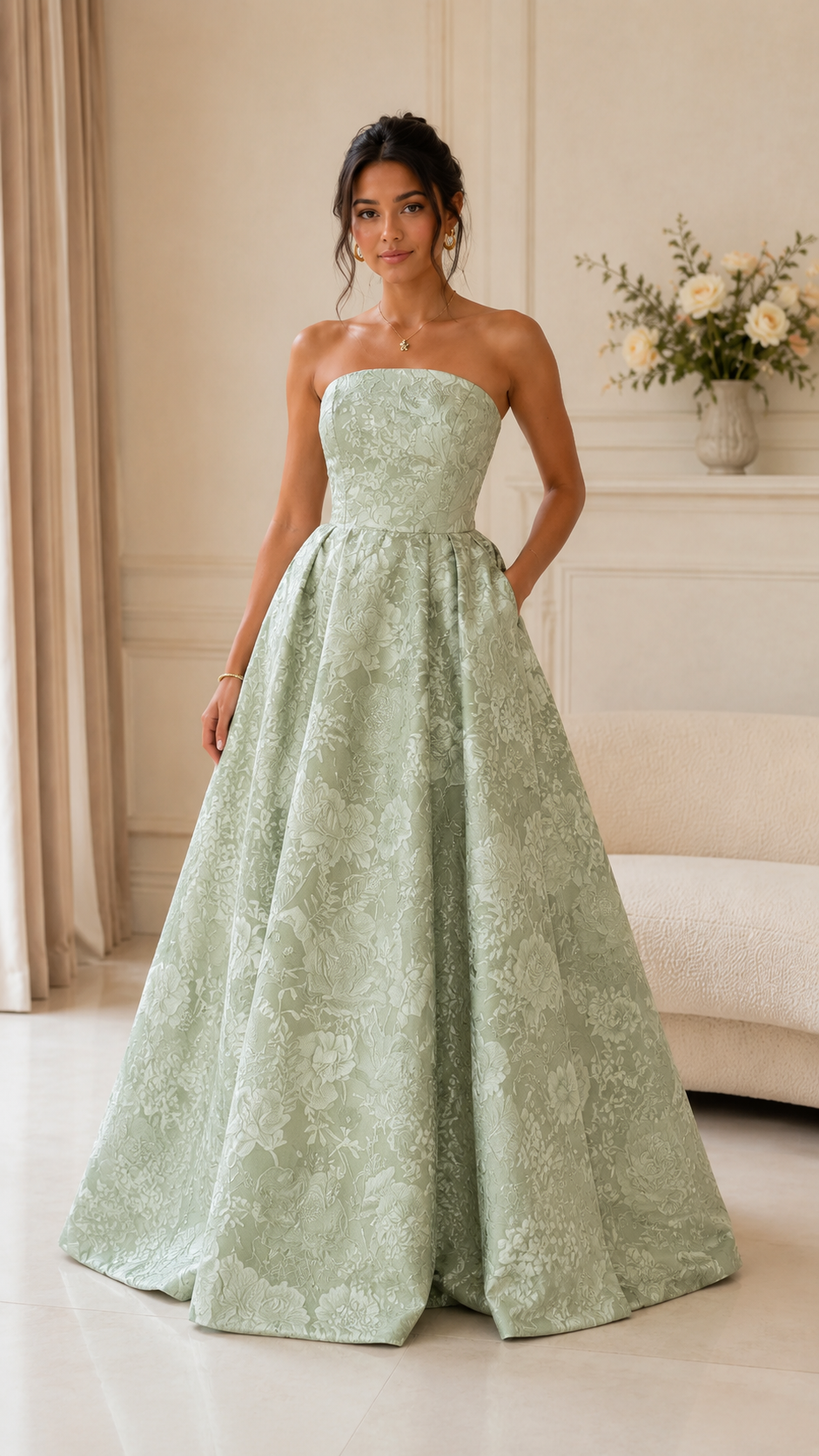 Front view of sage green strapless jacquard full-length gown