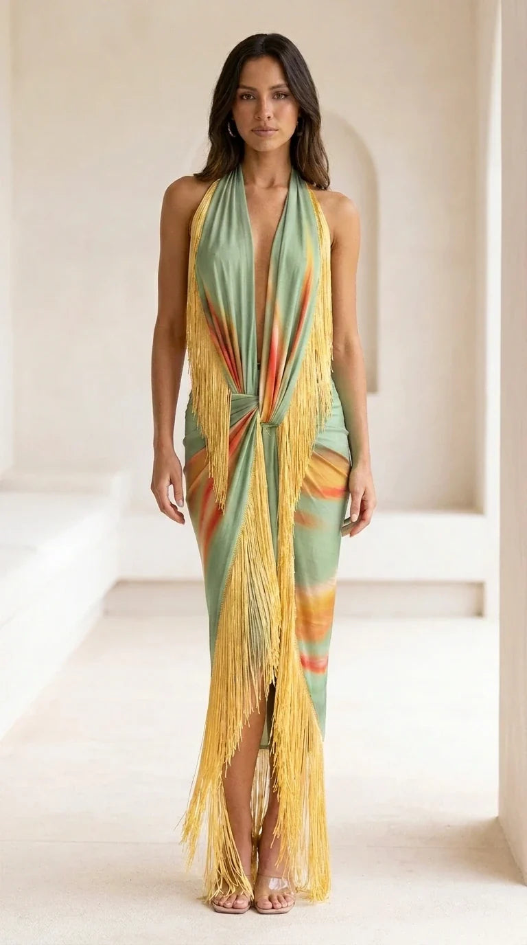 Model wearing green multi-color gradient fringe maxi dress