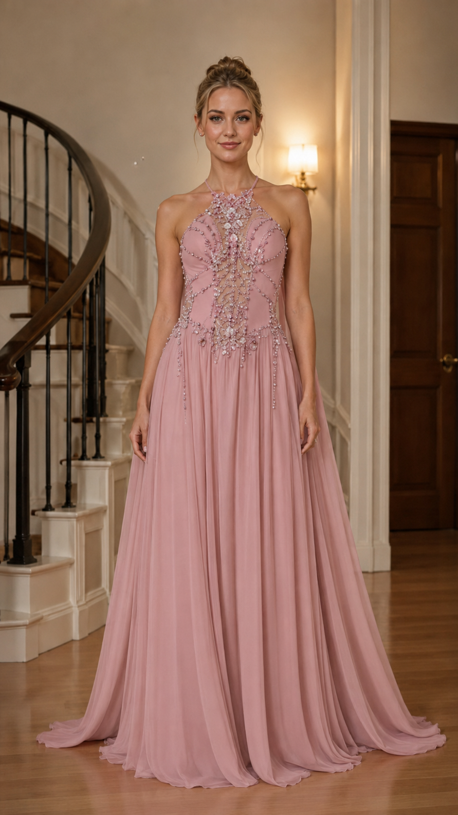Dusty rose beaded halter evening gown with soft draped skirt front view