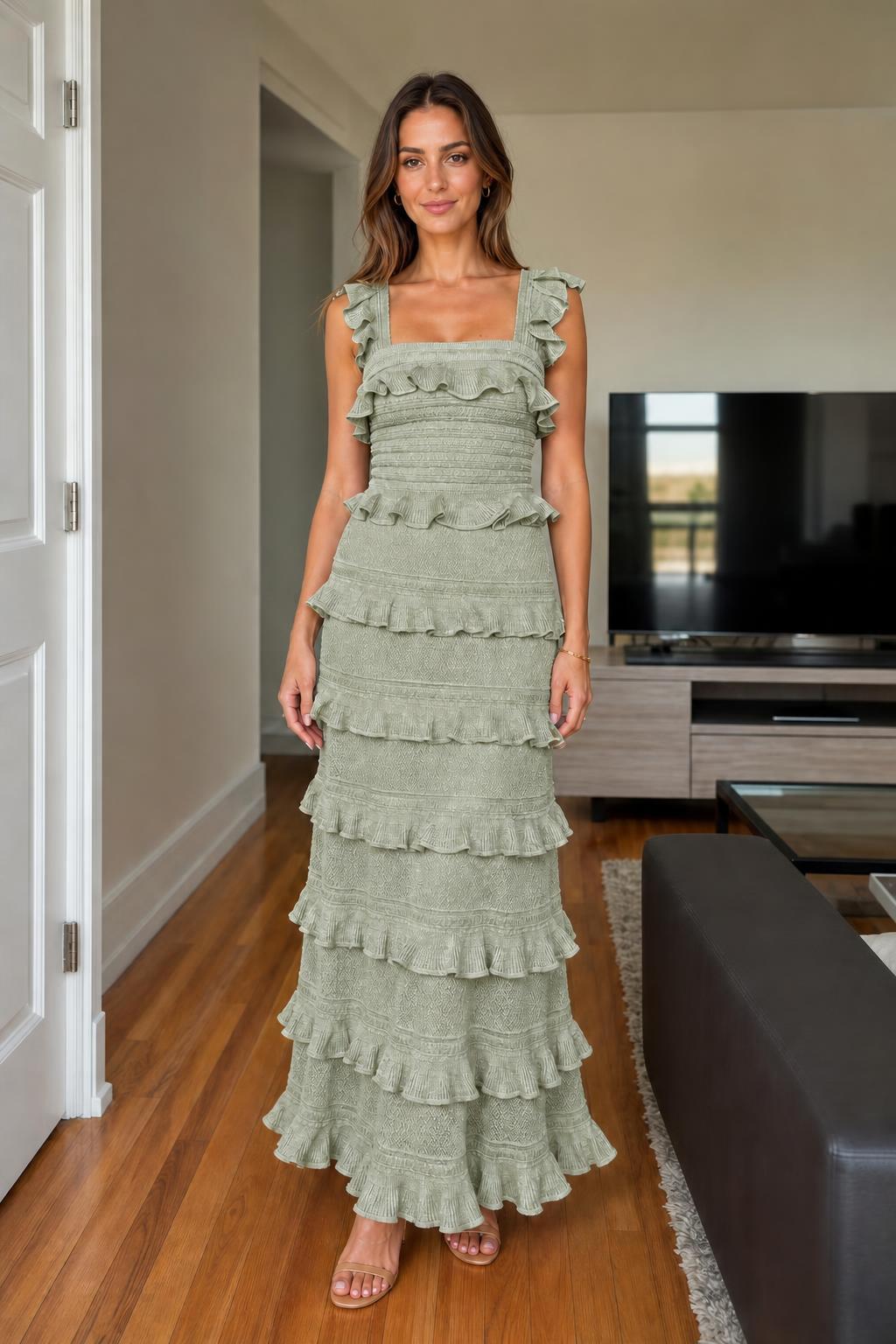 Front view of Sage Green ruffled tiered knit maxi dress