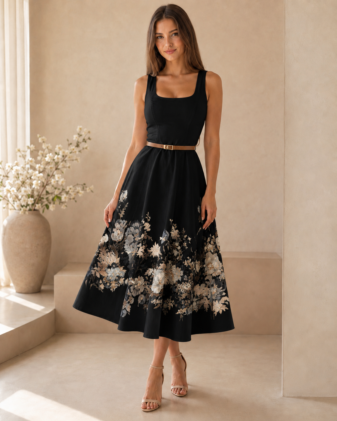 Model wearing a black sleeveless floral midi dress with square neckline and floral hem