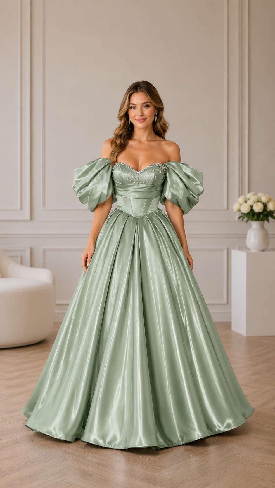 Front view of sage green puff sleeve formal ball gown