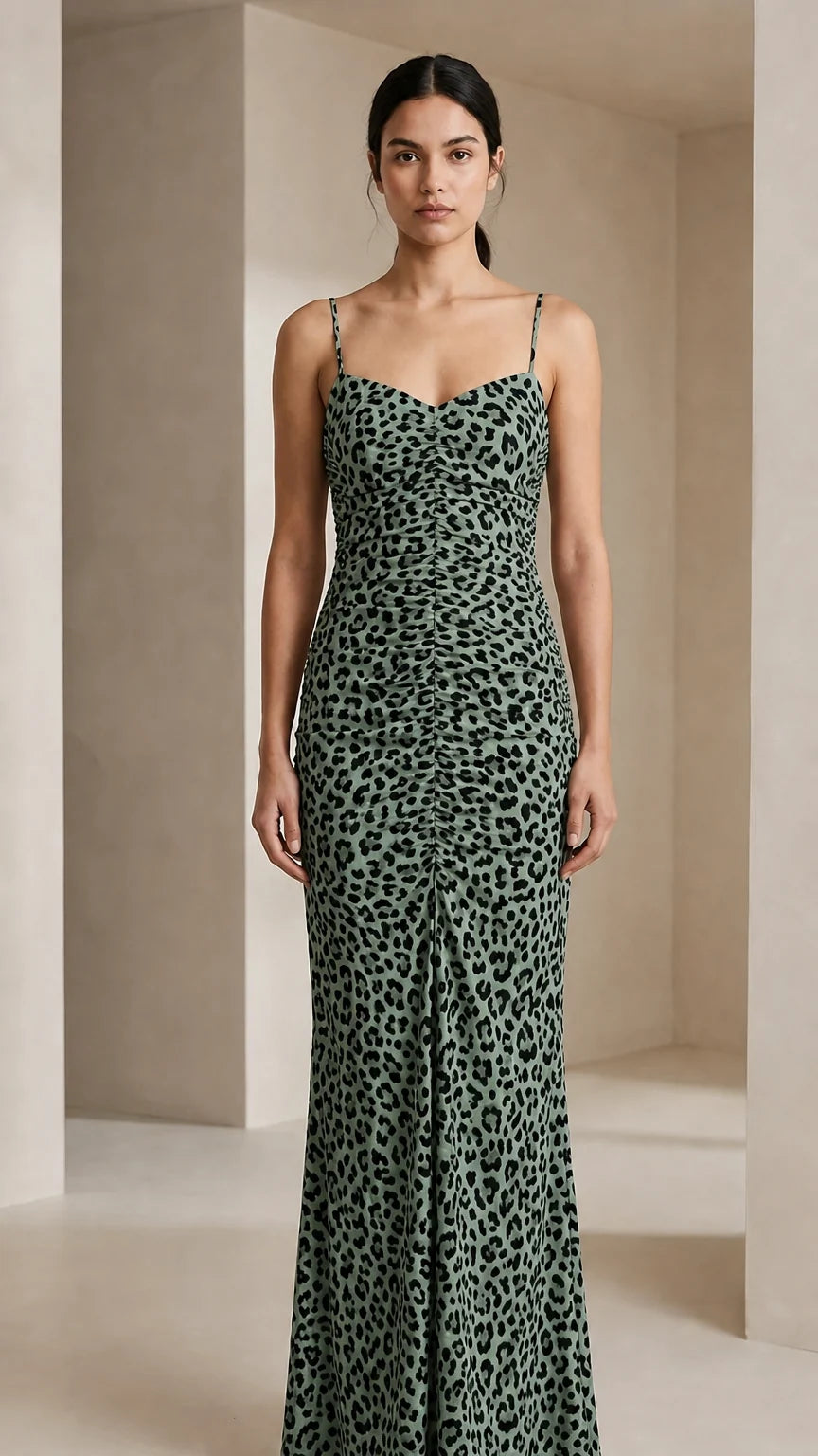 Front view of green leopard print maxi dress