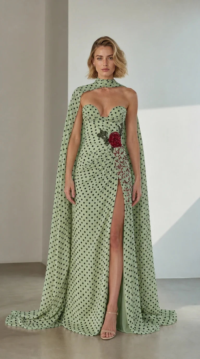 Front view of Green Polka Dot Embellished Cape Evening Gown