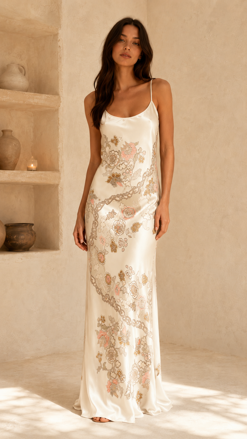 Full-length ivory floral satin slip maxi dress with soft sheen