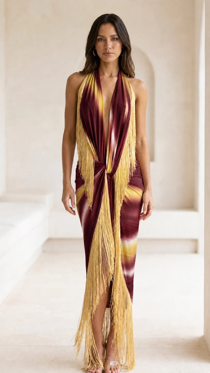 Model wearing burgundy multi-color gradient fringe maxi dress