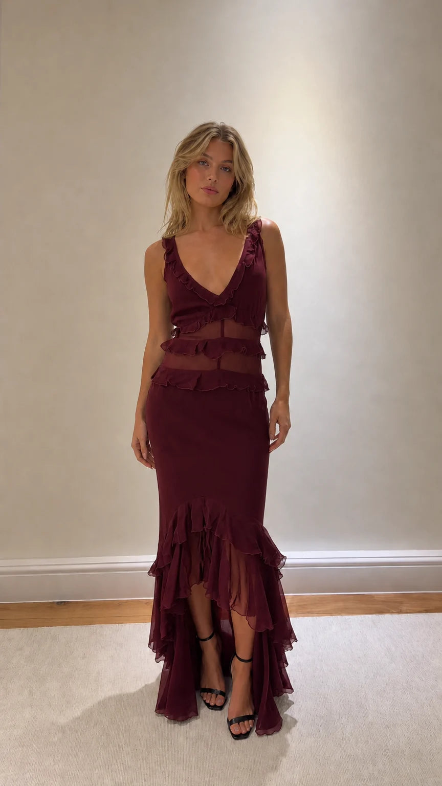 Burgundy ruffled tiered maxi dress on model