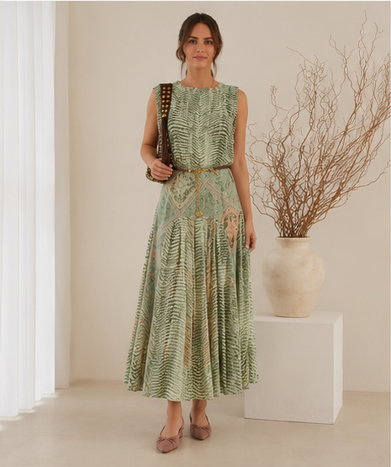Women's printed sleeveless belted midi dress in Sage Green