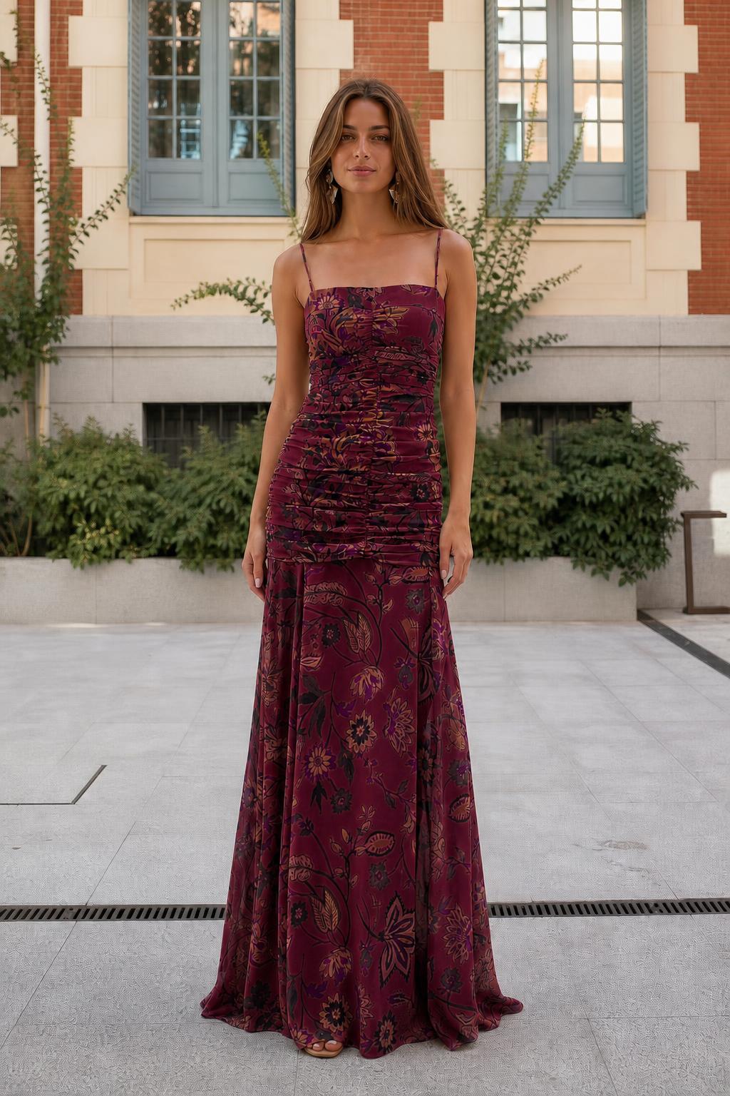 Front view of burgundy floral ruched maxi dress