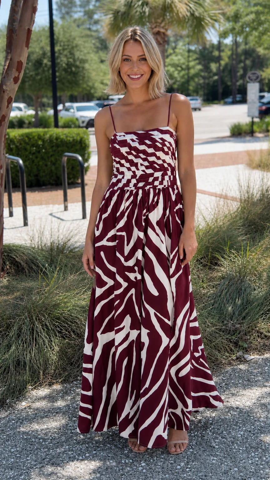 Front view of burgundy color variant on model