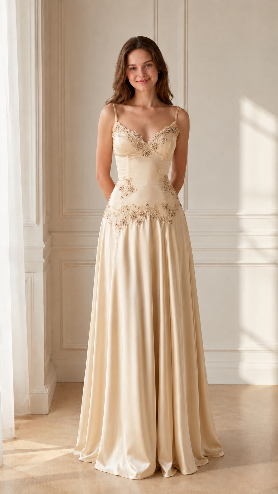 Front view of champagne embroidered satin-look maxi formal dress