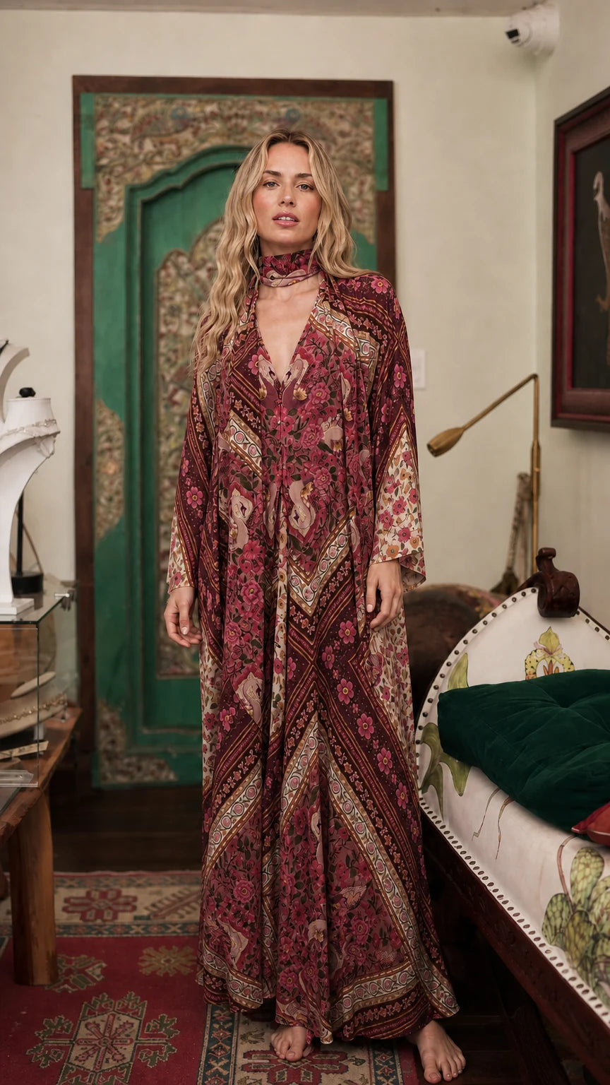 Model wearing burgundy bohemian floral maxi dress