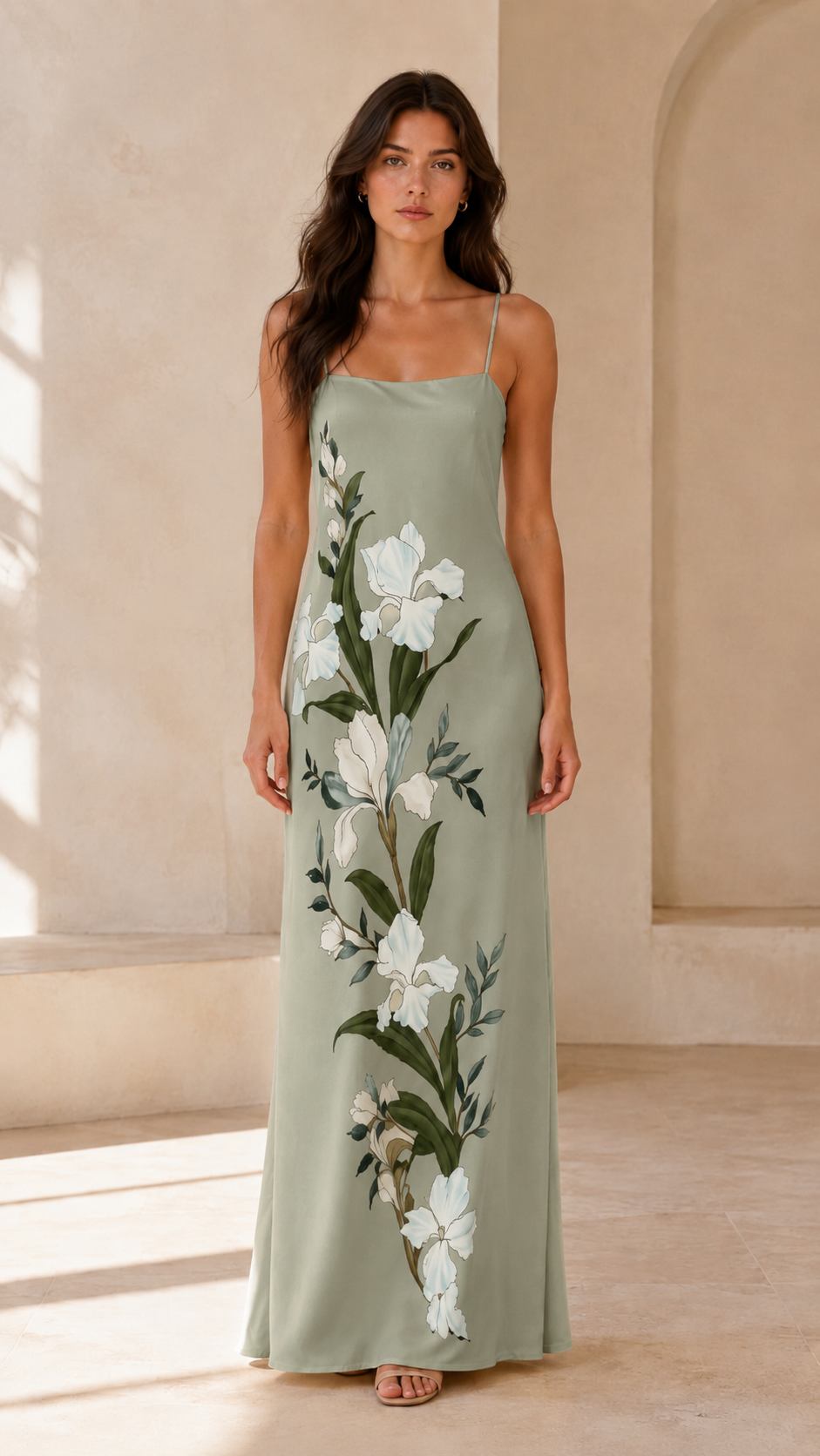 Front view of sage green floral print slip maxi dress