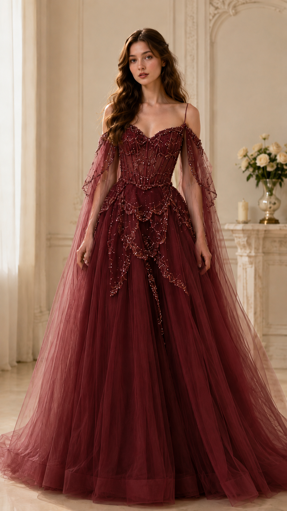 Front view of burgundy off-shoulder embellished evening ball gown
