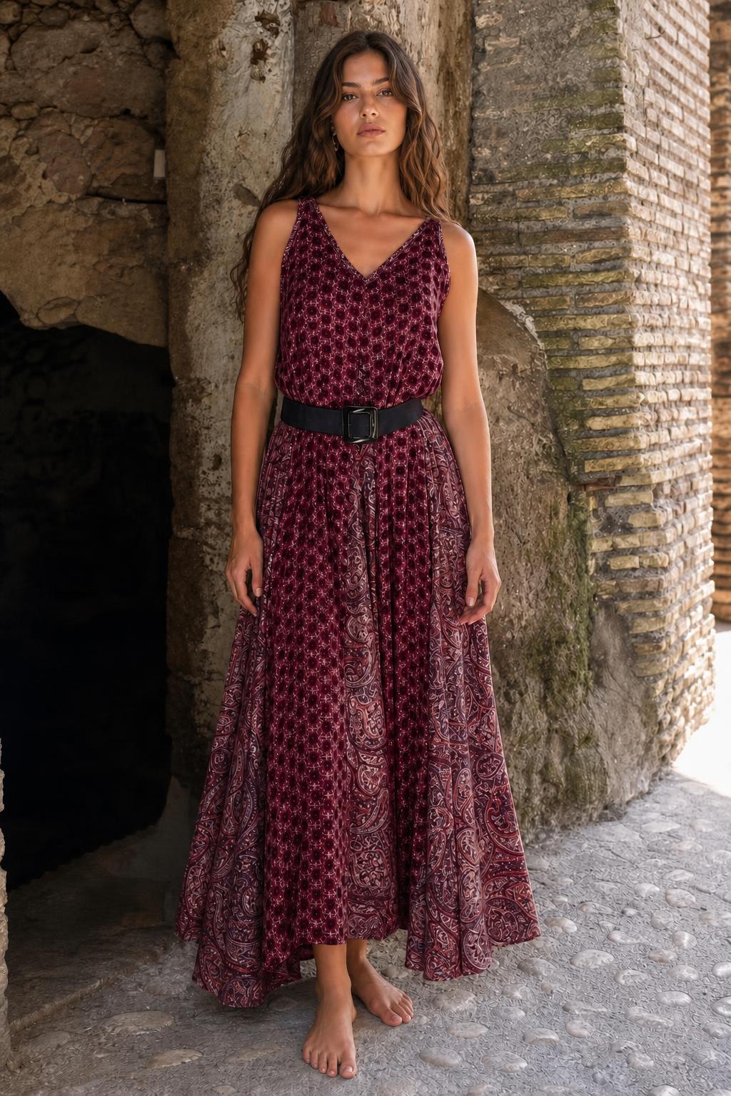 Woman wearing burgundy printed boho maxi dress