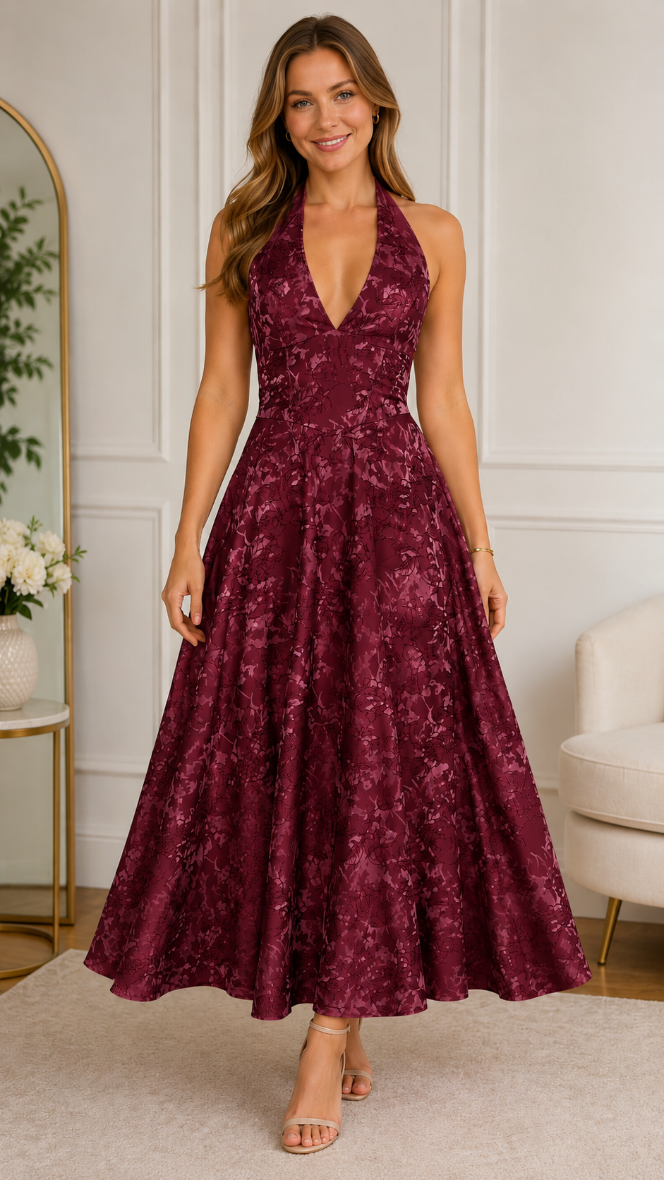Front view of burgundy halter floral textured midi dress with deep V neckline