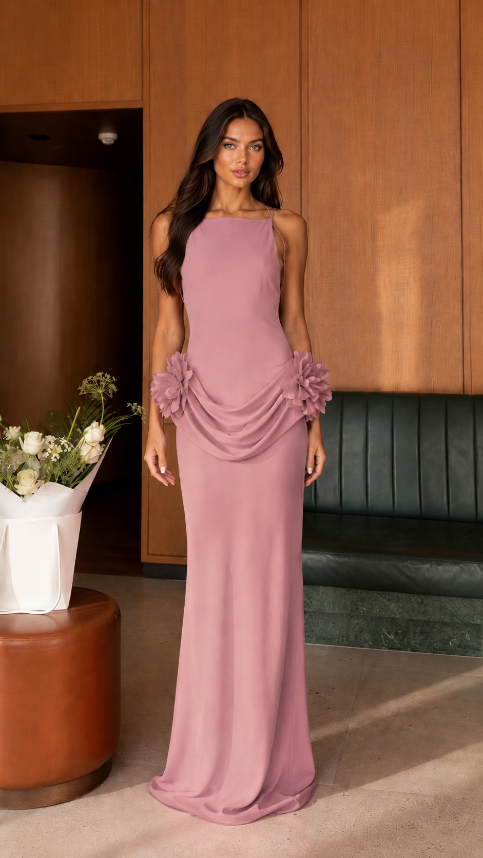 Front view of dusty rose open back draped floral detail maxi dress