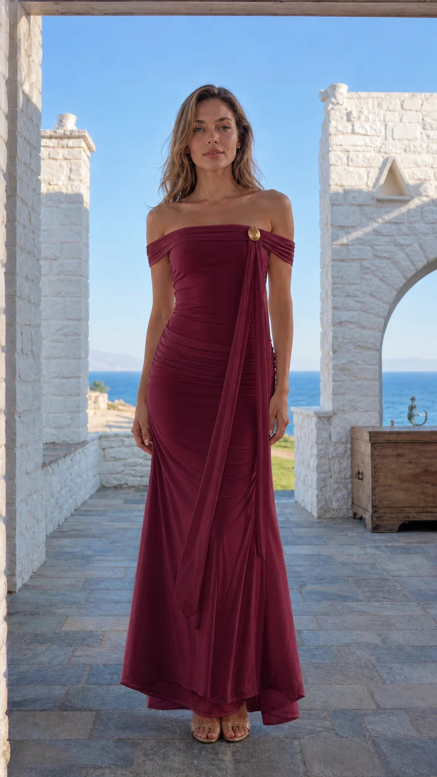 Front view of burgundy off-shoulder maxi dress