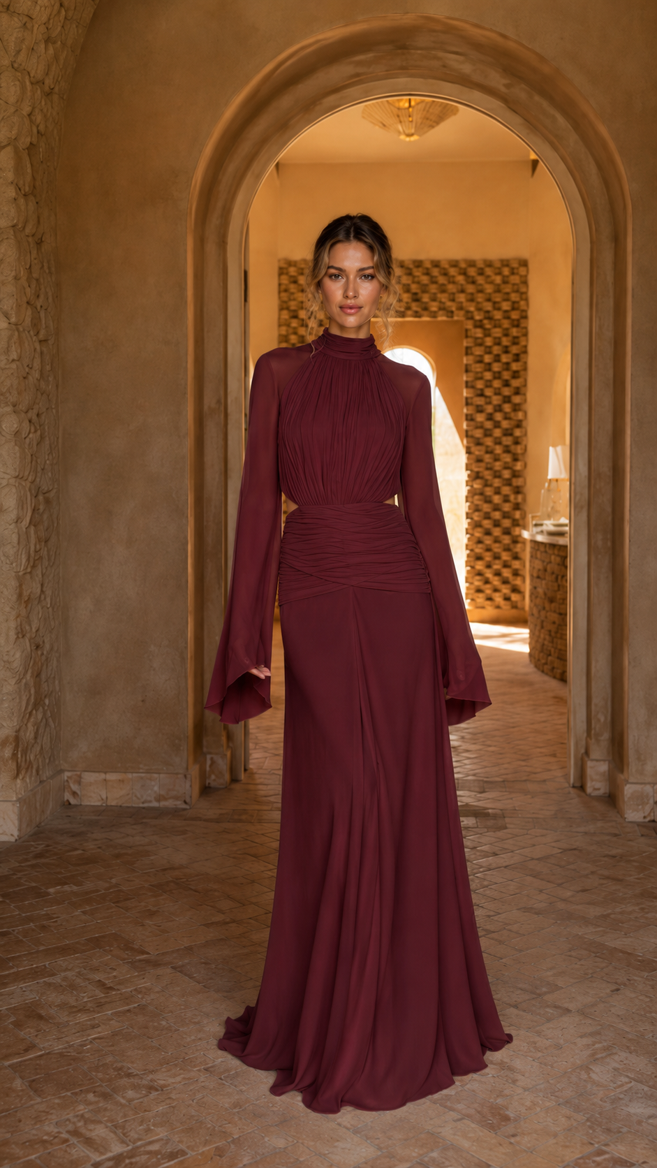 Front view of wine red ruched evening maxi dress with high neckline