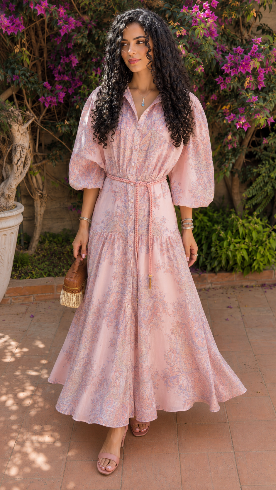 Front view of soft pink floral maxi shirt dress with puff sleeves and flowing silhouette