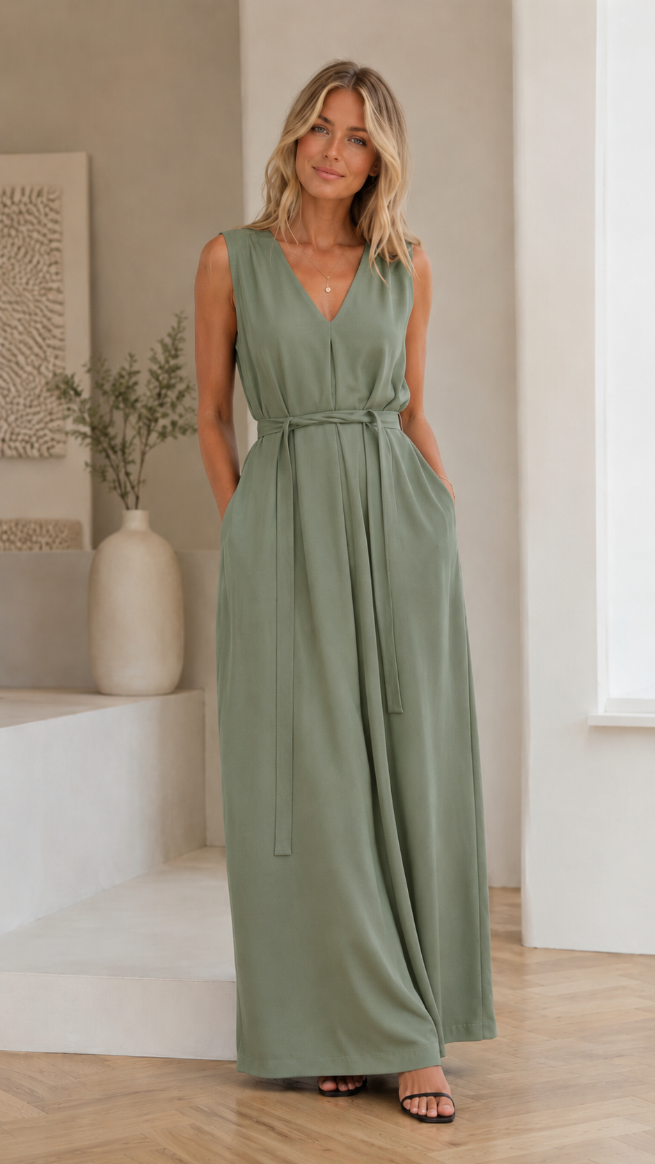 Full-length front view of sage sleeveless V-neck belted maxi dress