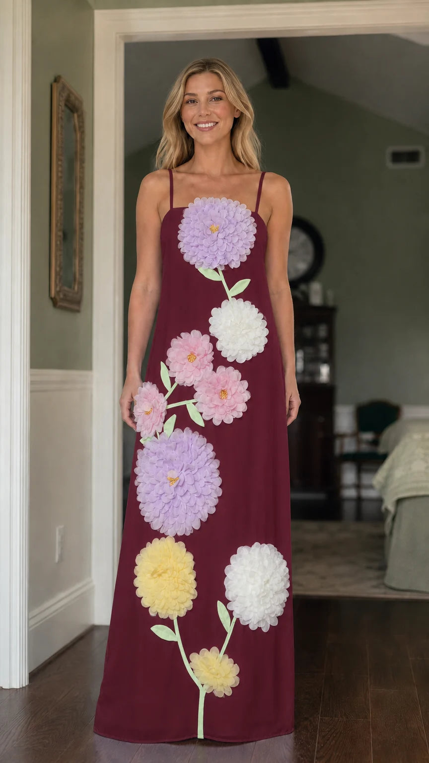 Front view of model wearing Burgundy 3D floral maxi dress