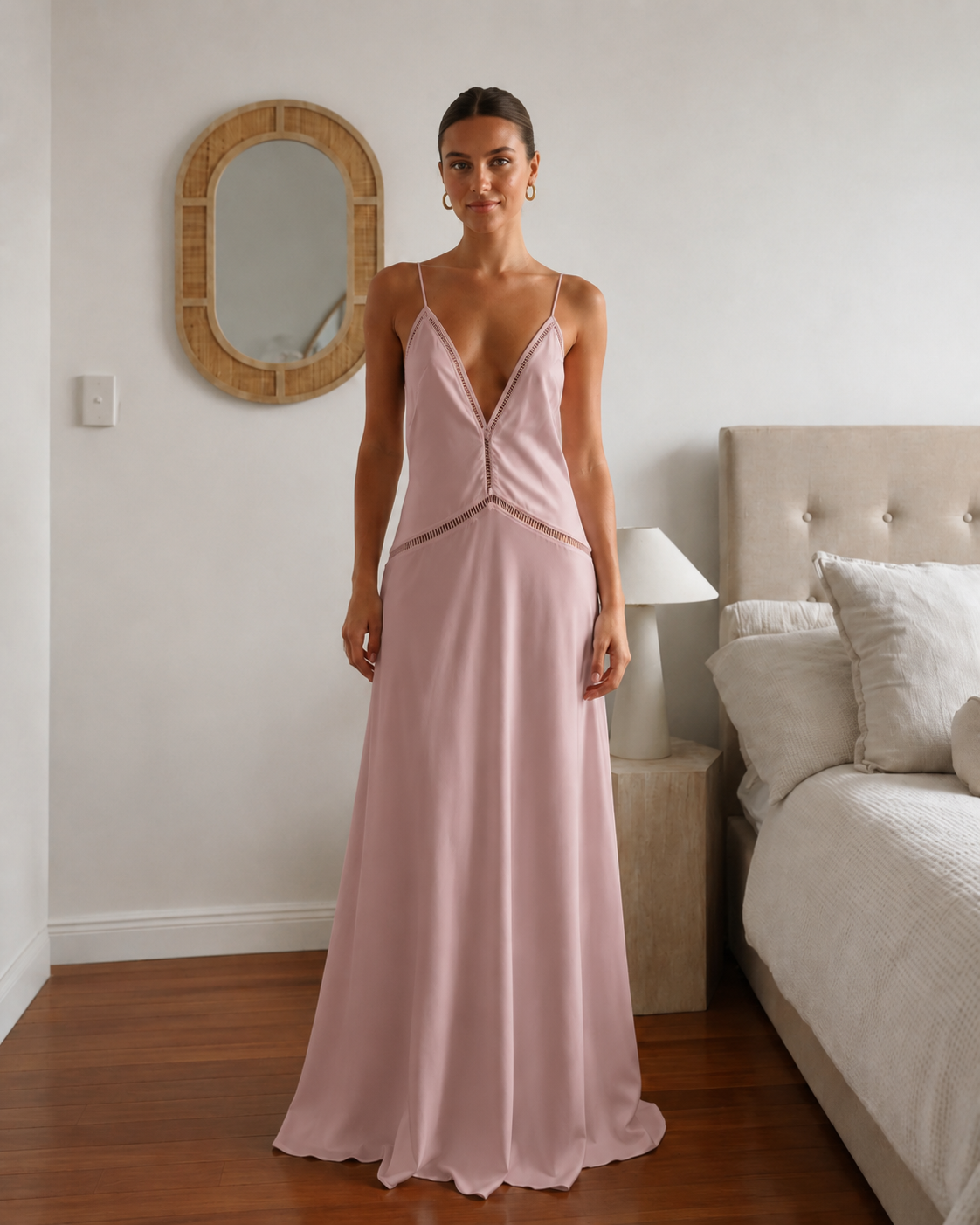 Blush pink satin-style plunge cami maxi dress front view