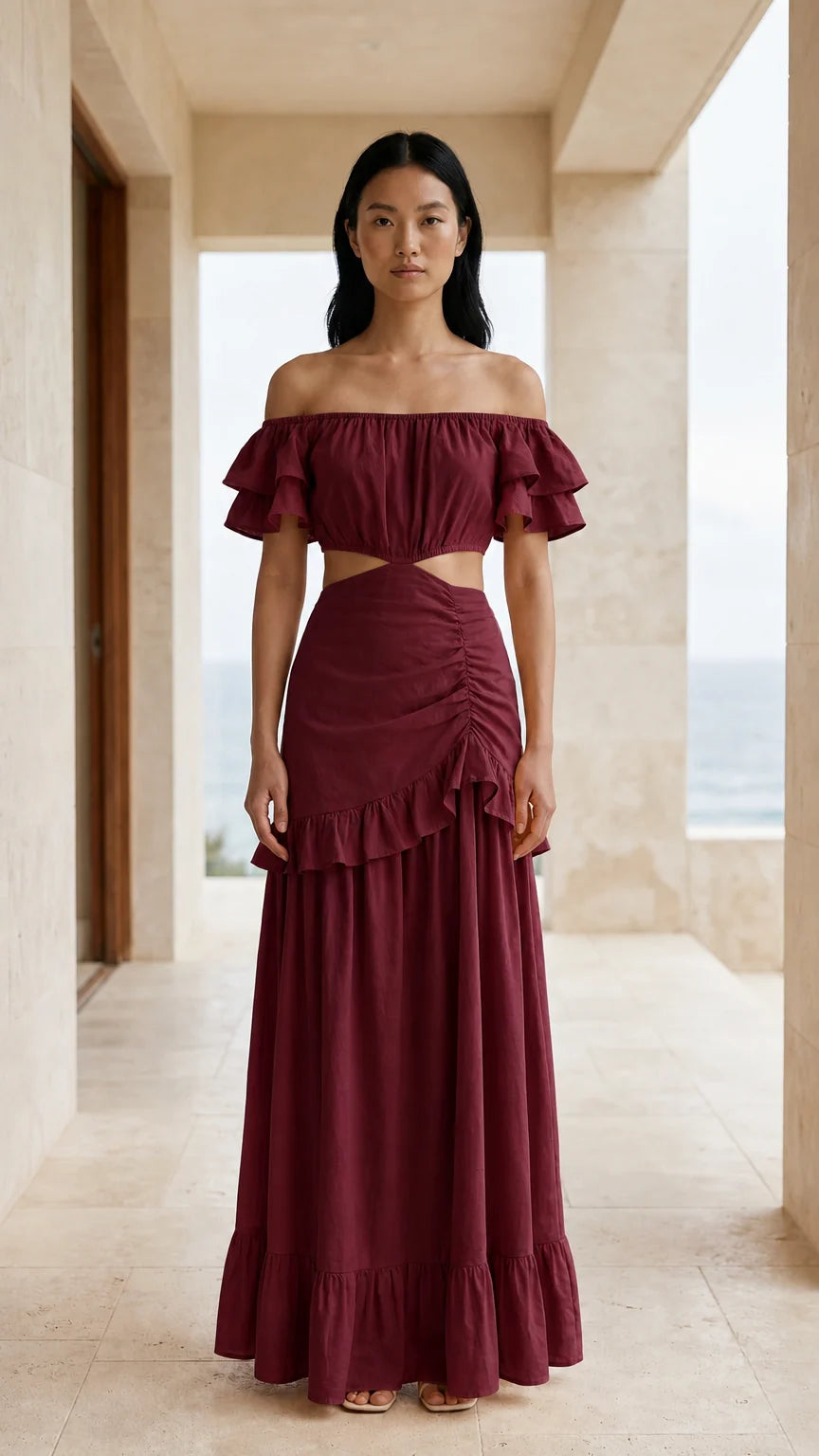 Front view of burgundy off-shoulder cutout maxi dress