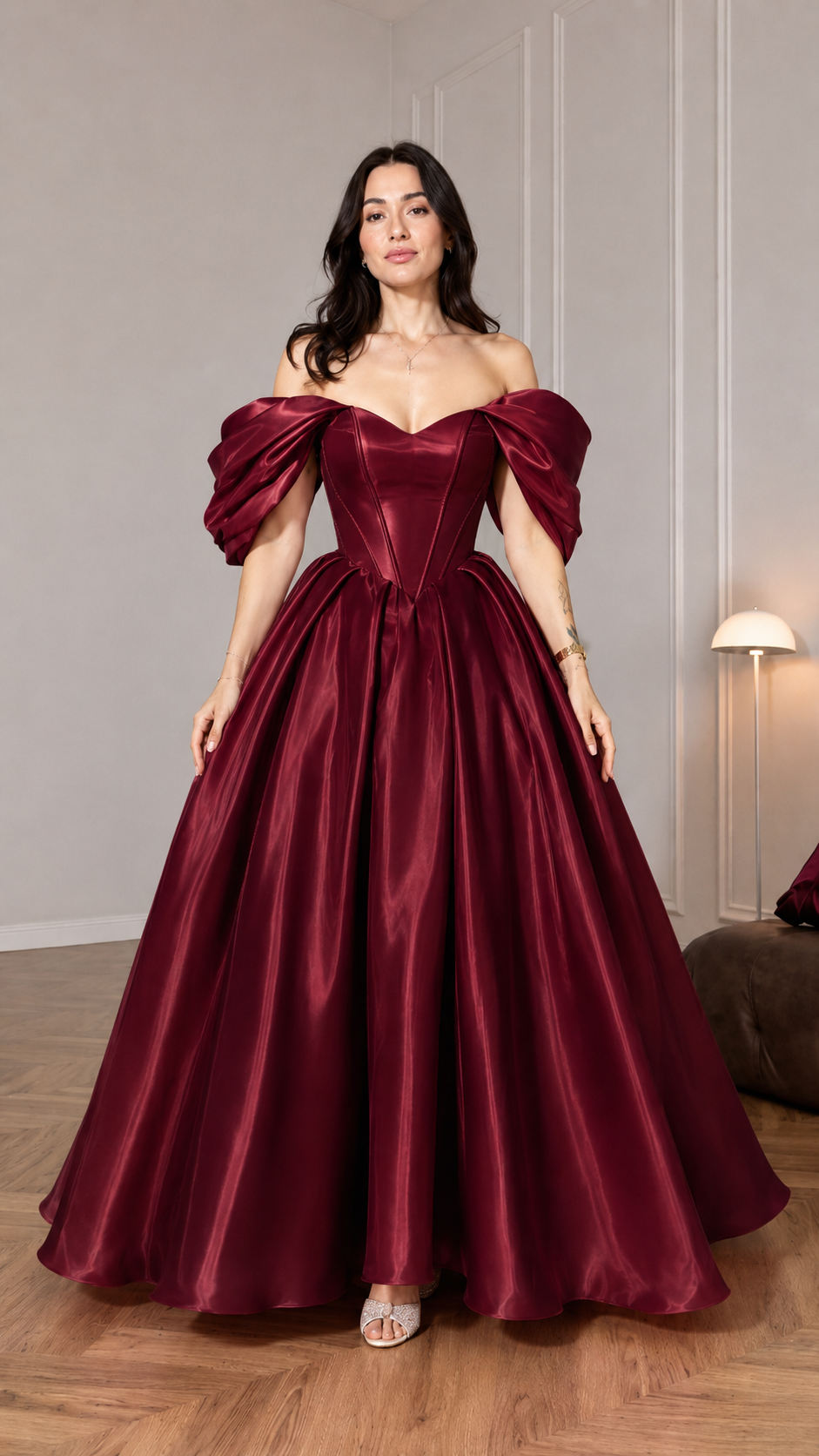 Front view of burgundy off shoulder evening gown with corset-look bodice