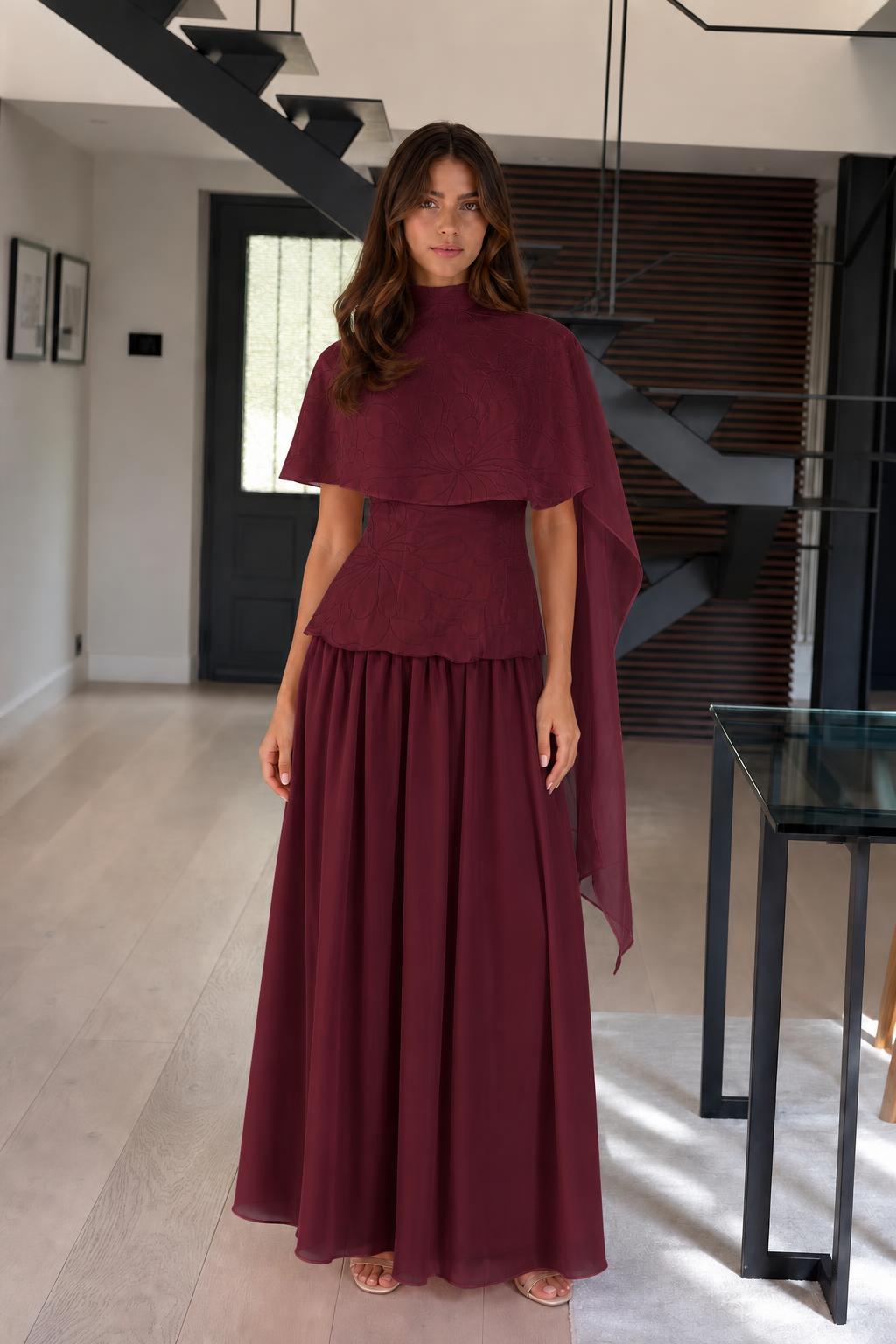 Elegance Cape Overlay Mock Neck Maxi Dress in Burgundy